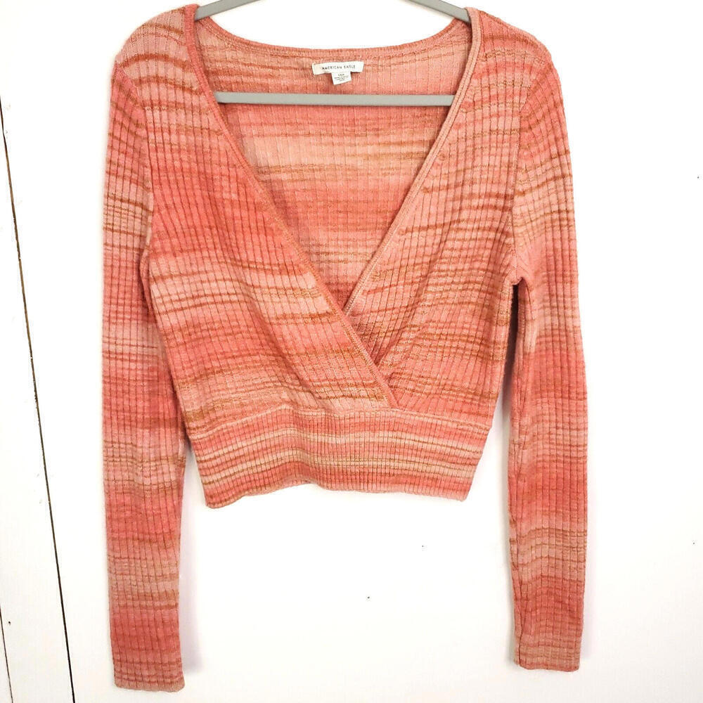 American Eagle Sweater Womens Large Cropped Y2K Ribbed Surplice Wrapped